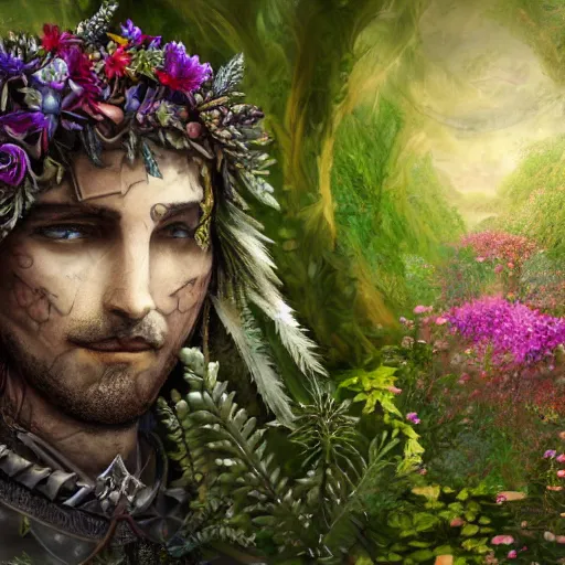 Image similar to a male knight, stern face, clear eyes, shining armour made of steel and flowers, and fractal flowery hair in a fractal garden, glowing delicate flower, berries and ferns that grow in a dark fantasy forest, full frame,