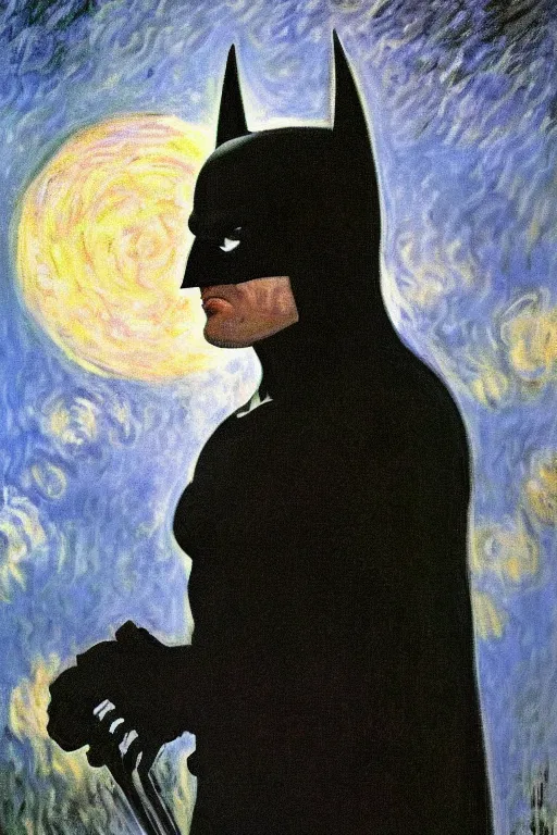 Prompt: Batman portrait atmospheric painting in the moonlight by Claude Monet