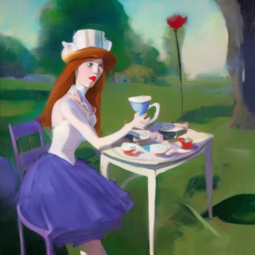 Prompt: tea time, Alice in Wonderland by Malcolm Liepke, hyper realism, 8k, trending on artstation - n 8