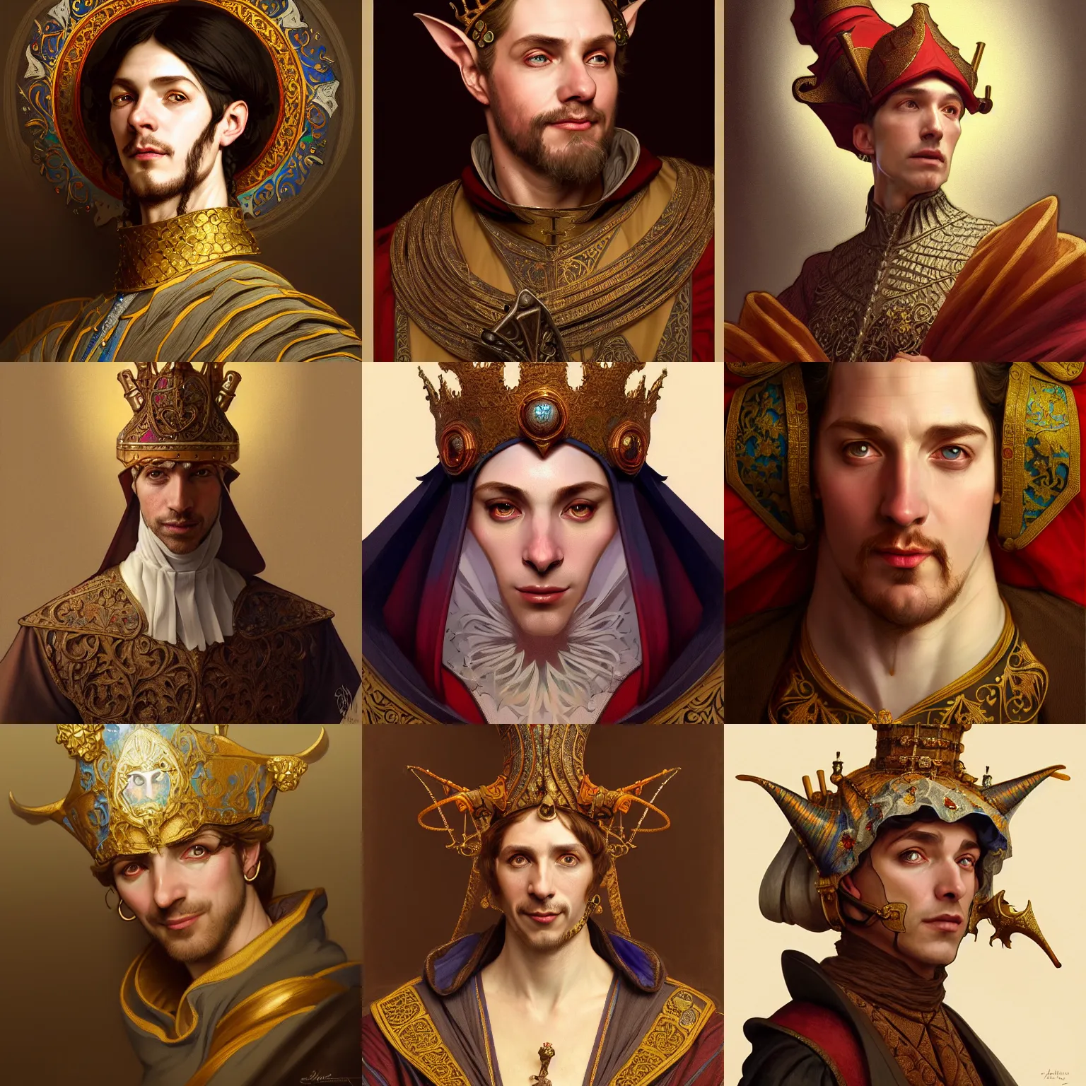 Prompt: portrait of a medieval court jester, intricate, elegant, highly detailed, digital painting, artstation, concept art, smooth, sharp focus, illustration, art by artgerm and greg rutkowski and alphonse mucha, 8 k