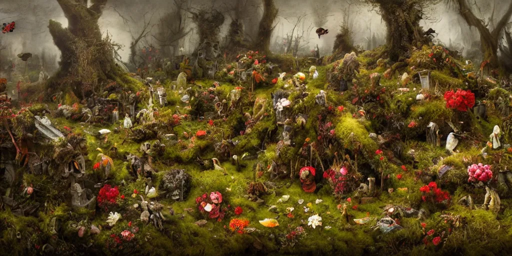 Prompt: 'Life from death' A horrifying aesthetic horror landscape painting depicting 'A mossy graveyard with plants and flowers growing all over it, birds and insects flying all around it' by giuseppe arcimboldo and Rembrandt, Trending on cgsociety artstation, 8k, masterpiece, cinematic lighting, highly detailed, vibrant colors.