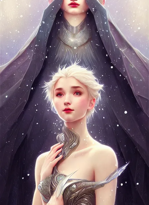 Image similar to a beautiful cinematic female winter goddess, cristal dress, ice wing, galatic shamen with quantum energy fantasy, fantasy magic, undercut hairstyle, dark light night, intricate, elegant, sharp focus, illustration, highly detailed, digital painting, concept art, matte, art by wlop and artgerm and greg rutkowski and alphonse mucha, masterpiece