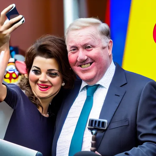 Image similar to president with clown head taking a selfie in a podium next to first minister