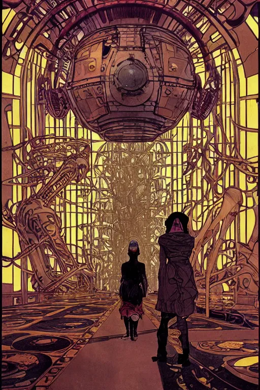 Image similar to front view on steampunk airplane hallway, kid and mad scientist walking, giant video screens, sci - fi, big interior plants, retrofuturism, concept art by mucha and moebius and victo ngai, architecture by francois schuiten, clean line, diesel punk, artstation