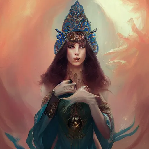 Prompt: portrait of a beautiful sorceress in an ornate hood, by charlie bowater, loish, peter mohrbacher, artgerm, greg rutkowski, krenz cushart, wlop