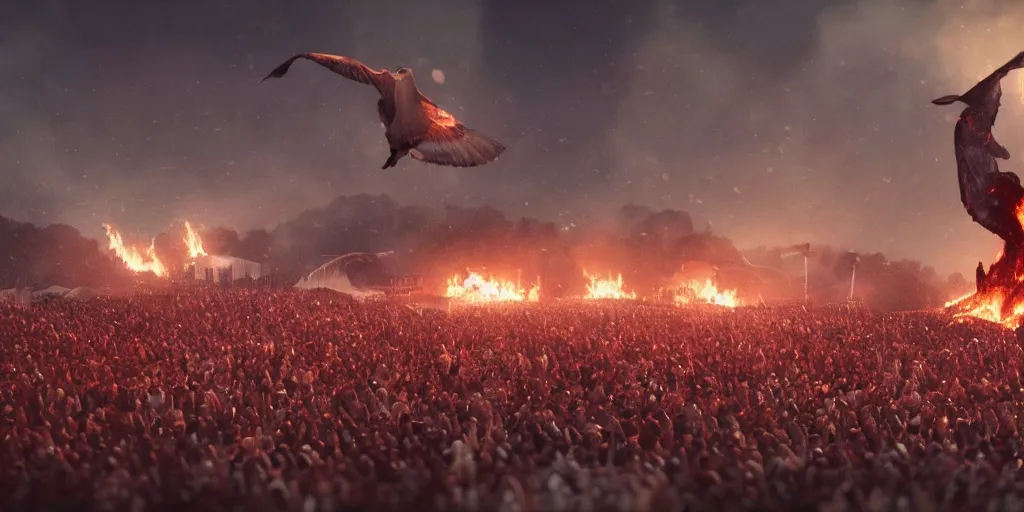 Prompt: realistic cinematic views of a orwellian propaganda festival with fires in the background and dead seagulls falling from the sky in front of the main stage worshipping a large statue of kim kardashian, hyper detailed, terror glows, hyper realistic, digital painting, 8 k, 3 5 mm film grain, octane render