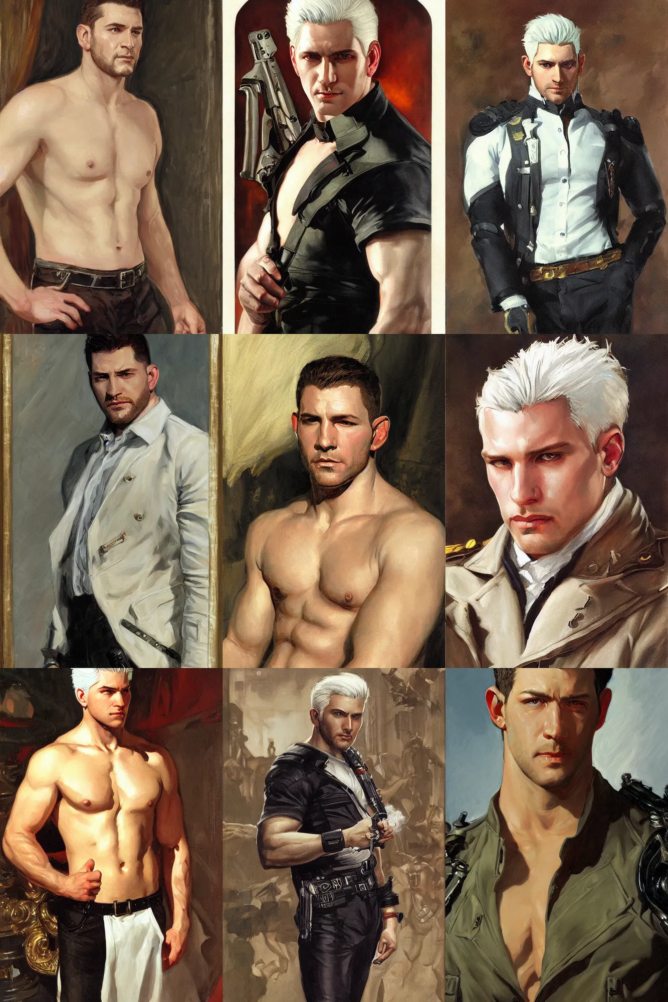 Prompt: chris redfield with white hair, painting by j. c. leyendecker