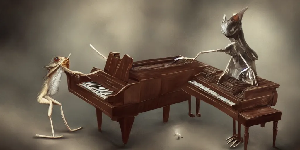 Image similar to a cricket playing a piano like a human, digital art, artstation