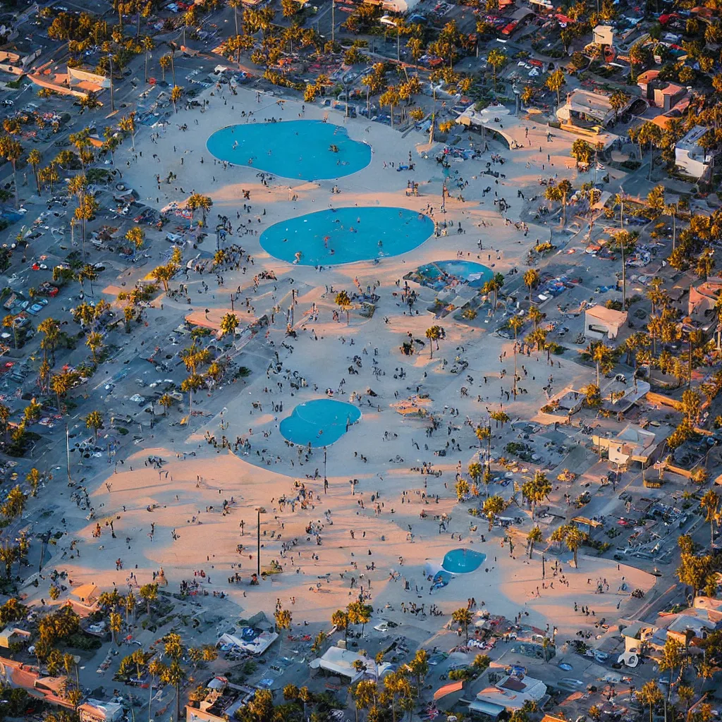 Image similar to “A ariel view photo of the venice beach skate park at sunset, national geographic photo, majestic”