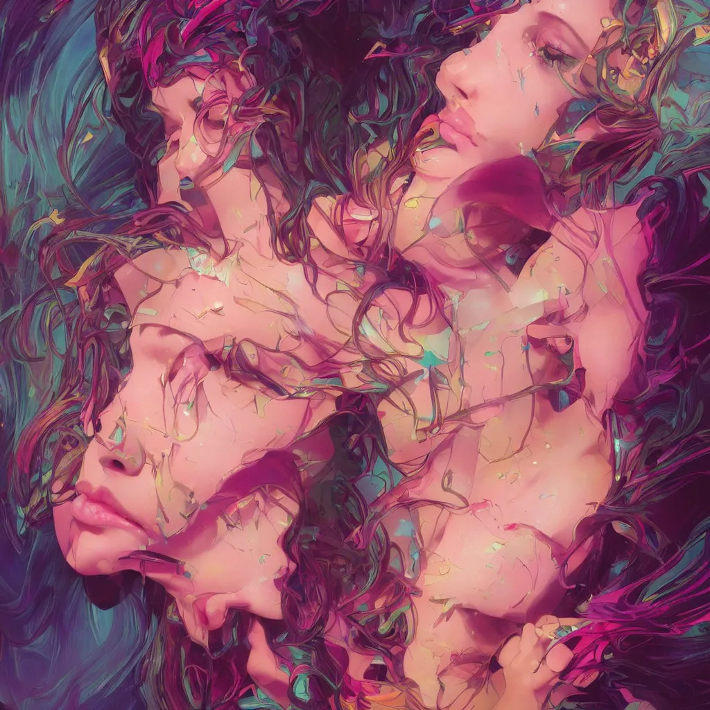 Image similar to young woman, gorgeous face, vaporwave aesthetic, synthwave, colorful, psychedelic, broken, shattered, beaten, sadness, crying, tears, artstation, concept art, smooth, extremely sharp detail, finely tuned detail, 8 k, unreal engine 5, ultra sharp focus, illustration, art by artgerm and greg rutkowski and alphonse mucha