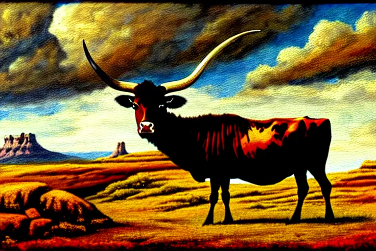 Prompt: a oil panting of a longhorn steer on a bluff in utah badlands, in the style of johfra bosschart, digital painting, extremely moody, highly detailed, sharp focus, illustration, key visual, unreal engine