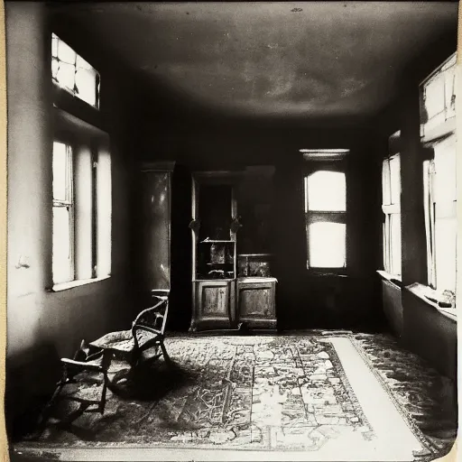 Image similar to Full view of a large very dark parlor that is dimly lit by a morning sunbeam coming through a window, dust glints in the air, plain gray walls have slightly cracked with time, a single photo with a broken frame hangs crooked on the wall, a small tattered Persian rug with muted colors is on the floor, a child\'s dull red wagon is in the corner of the room, a ceiling fan is turned off with an old draw cord, cinematic, vignette, ultrarealistic, super high resolution, photograph, still, serene, low energy, 4K, lighting study