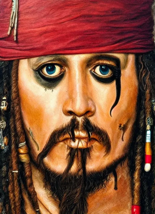 Image similar to Painting of Jack Sparrow. Art by Giuseppe Arcimboldo. During golden hour. Extremely detailed. Beautiful. 4K. Award winning.