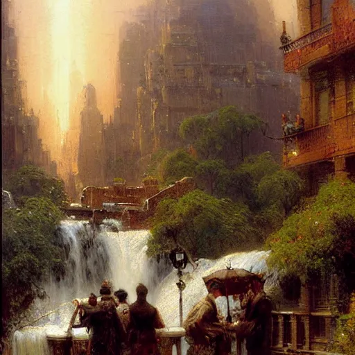 Image similar to waterfall flooding an entire city. victorian age. highly detailed painting by gaston bussiere, craig mullins, j. c. leyendecker