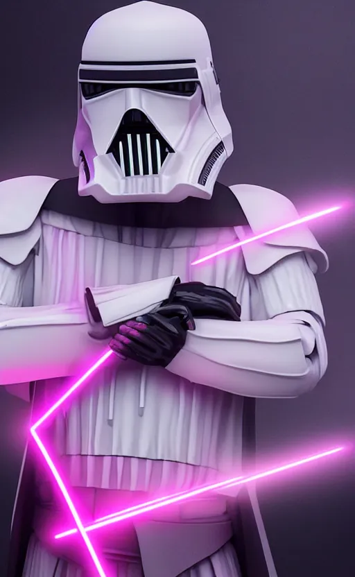 Prompt: white darth vader dancing synth wave retro wave vapor wave white and pink lighting and clothes and tech cyberpunk style ultra realistic high quality highly detailed 8 k