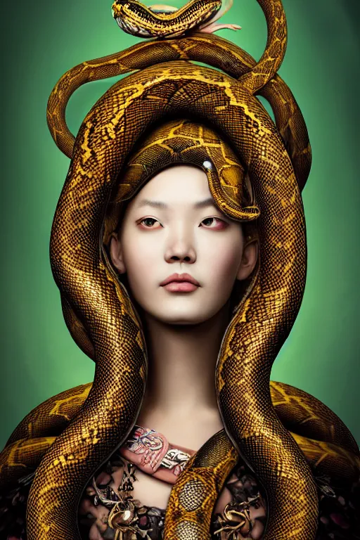 Image similar to a beautiful empress portrait, with a brilliant, impossible striking big Snake headpiece, clothes made of snakes, everything snakes, boa, symmetrical, dramatic studio lighting, rococo, baroque, greens, asian, hyperrealism, closeup, D&D, fantasy, intricate, elegant, highly detailed, digital painting, artstation, octane render, 8k, concept art, matte, sharp focus, illustration, art by Artgerm and Greg Rutkowski and Alphonse Mucha