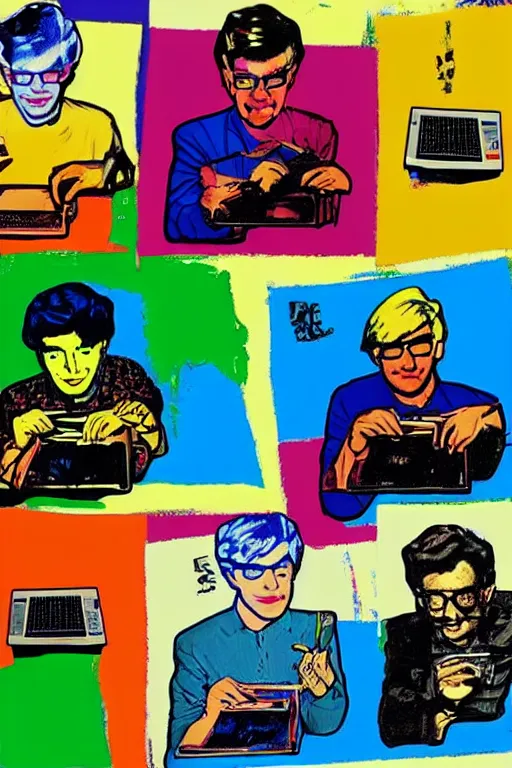 Image similar to 5 men writing code on laptops around a table, pop art, warhol