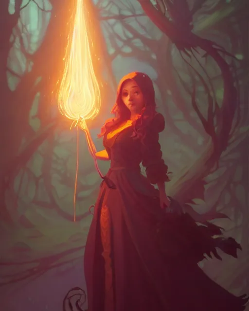 Image similar to highly detailed vfx portrait of a witch casting light magic, unreal engine, greg rutkowski, loish, rhads, beeple, makoto shinkai and lois van baarle, ilya kuvshinov, rossdraws, tom bagshaw, alphonse mucha, global illumination, detailed and intricate environment