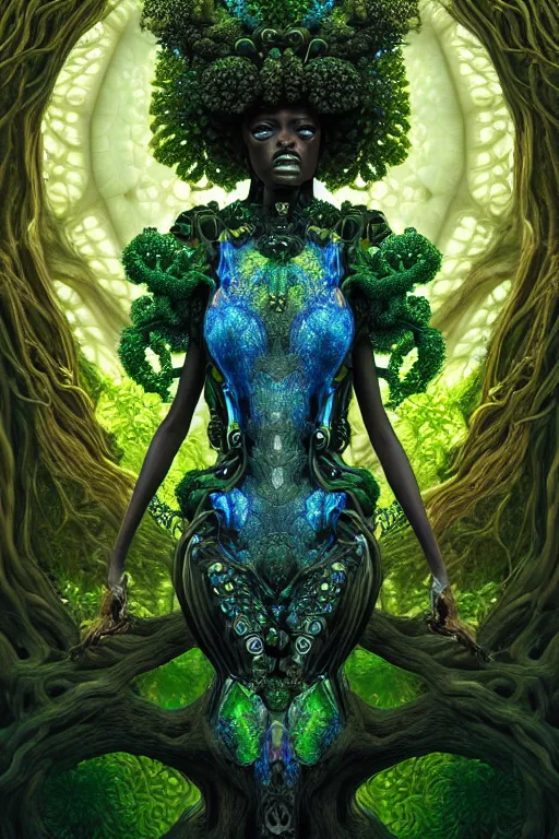 Image similar to hyperrealistic neo - baroque super expressive! black woman with exoskeleton armor, merging with tree in a forest, highly detailed digital art masterpiece smooth cam de leon hannah yata dramatic pearlescent blue green light ground angle hd 8 k sharp focus