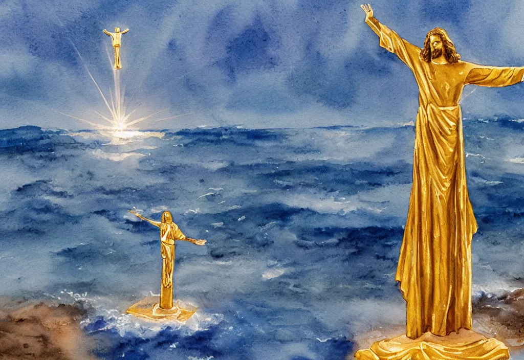 Image similar to a watercolor painting of a golden statue of jesus in the middle of an ocean with a beam illuminating it, detailed