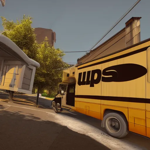 Image similar to a ups truck got stuck on a roof, digital art, unreal engine 5, 4 k