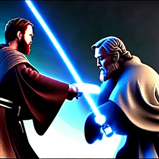 Prompt: ultra detailed picture of a fight where obi wan kenobi is against darth vador, unreal engine, extremely detailed, epic, dark, highly realistic, spiritual masterpiece, beautiful, ultra hd