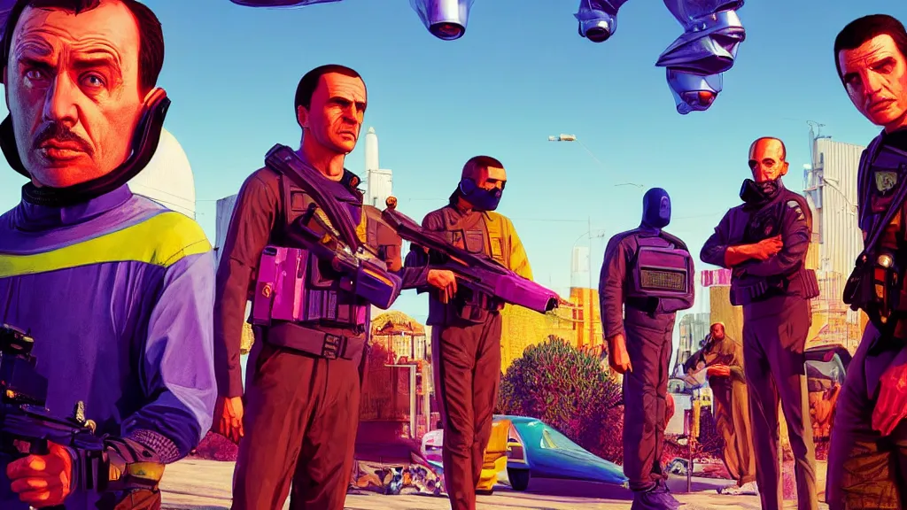 Prompt: vibrant aesthetic highly detailed photography of characters in gta 6 scene, characters with hyperrealistic highly detailed faces. from dune ( 2 0 2 1 ) by alejandro hodorovski and denis villeneuve and gregory crewdson style with many details by mike winkelmann and vincent di fate in sci - fi style. volumetric natural light hyperrealism photo on dsmc 3 system