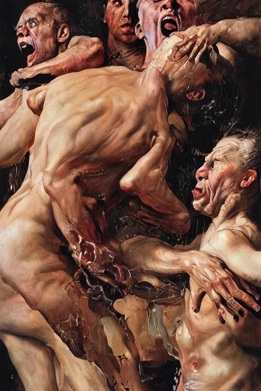 Image similar to portrait of a man enraged, part by Jenny Saville, part by Norman Rockwell