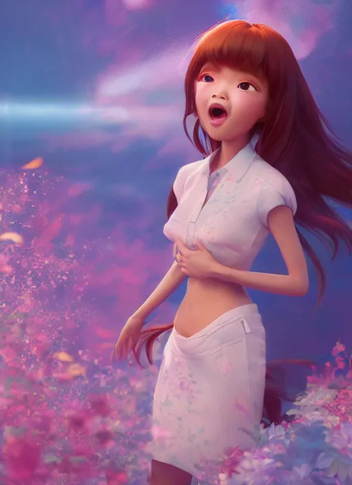 Image similar to a cute asian girl singing, flowing hair in the style of pixar animation, full body shot, award winning, hyper detailed, studio lighting, artstation, octane renderer, unreal engine