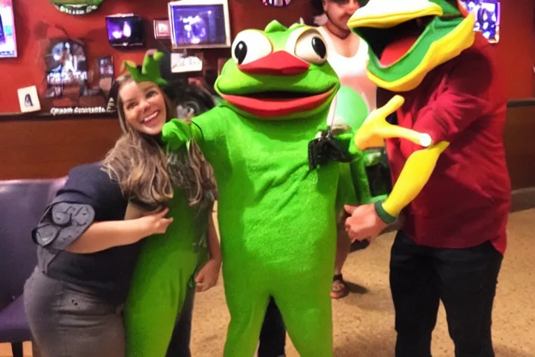 Prompt: taking a selfie with a frog fleshy mascot costume at an applebee's, cell phone photo