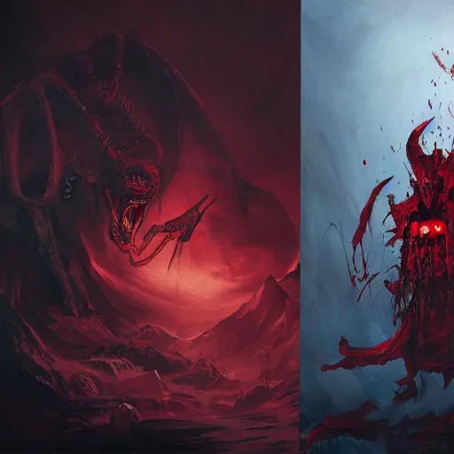 Image similar to the fall of super mad and with extrem anger satan in hell, oppressive and dark amotsphere with many shadows, blood and dark red highlights, dramatic horror concept art by aleksandra waliszewska and aoi ogata