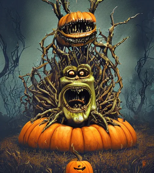 Image similar to a tim burton design of a horrifying king creature made of pumpkin, fat, limbs made from vines, sitting on a stone throne, detailed game art illustration, menacing carved facial expression, creepy lighting, dynamic pose, 4 k artstation, masterpiece