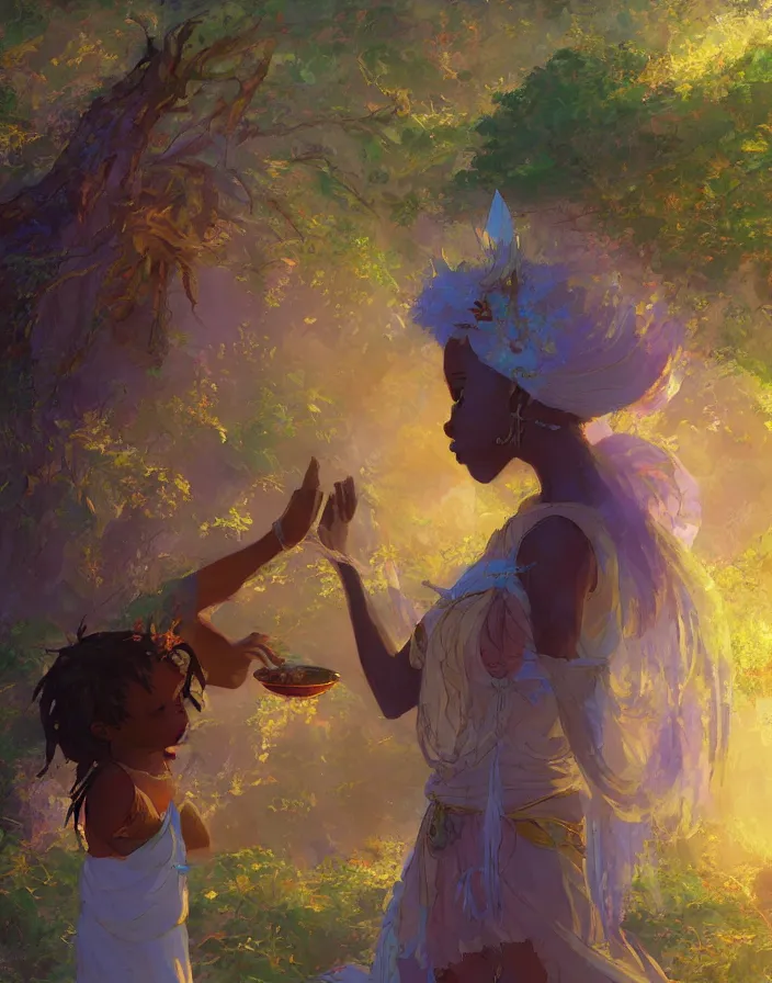 Image similar to african princess giving an offering to a heavenly being, environment concept art, ethereal anime, high detail impressionist style, dreamy light color palette, style of studio ghibli and moebius, concept art stunning atmosphere, trending on artstation, volumetric light