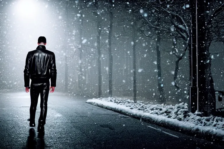 Image similar to movie shot of young man from back pacing lowering head dressed in short leather bomber jacket to empty narrow alley with street lamps in park with pines to the horizon, with hands in pockets, snowfall at night, mullet long haircut, black hairs, cinematic, dramatic, detailed, realistic, movie shot, low greenish lighting