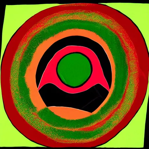 Image similar to an abstract space of symbols and a pair of acid red and black sun in a green sea