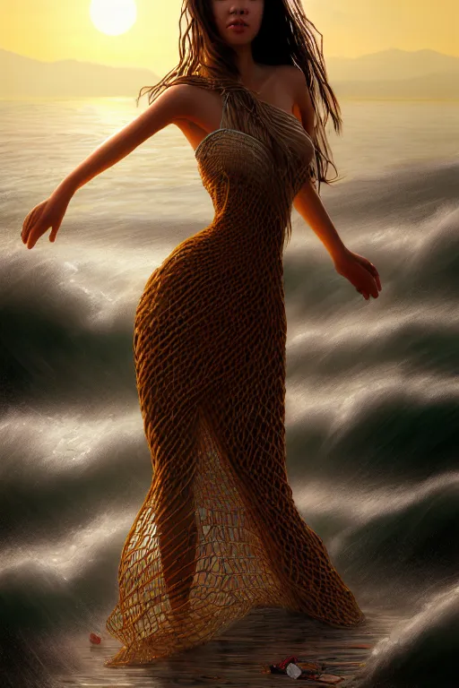 Image similar to ! dream photorealistic long shot of a dark mystical goddess wearing a qipao dress, big sun rough sea and jagged rocks, nets, plastic bottles, garbage, sand and sea, golden hour, ao dai, environmental, fantasy, atmospheric, hyper realistic, artstation, art by artgerm, andres rodriguez and john william waterhouse