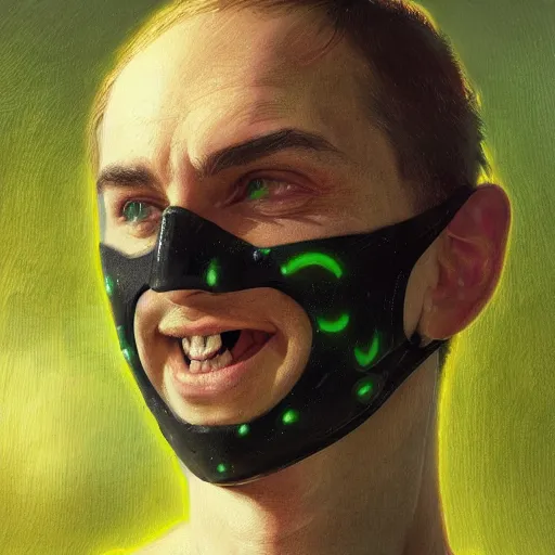 Image similar to a falling man with a big round neon green smile face mask, artists portrait, backyard, fantasy, highly detailed, digital painting, concept art, sharp focus, depth of field blur, illustration, art by artgerm and greg rutkowski and alphonse mucha
