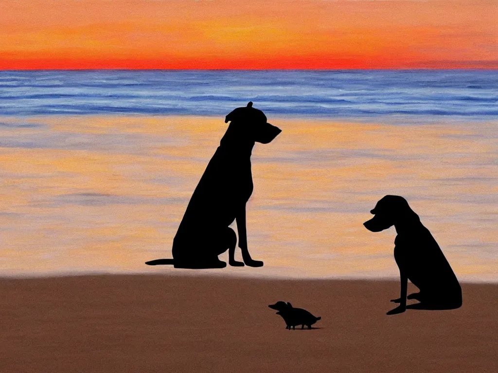 Image similar to hyperrealism a black dog in a brown hat and looking at a seagull, sitting on the beach, sunset