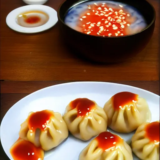 Image similar to anime dumplings with chilli sauce made by hayao miyazaki, ghibli art style