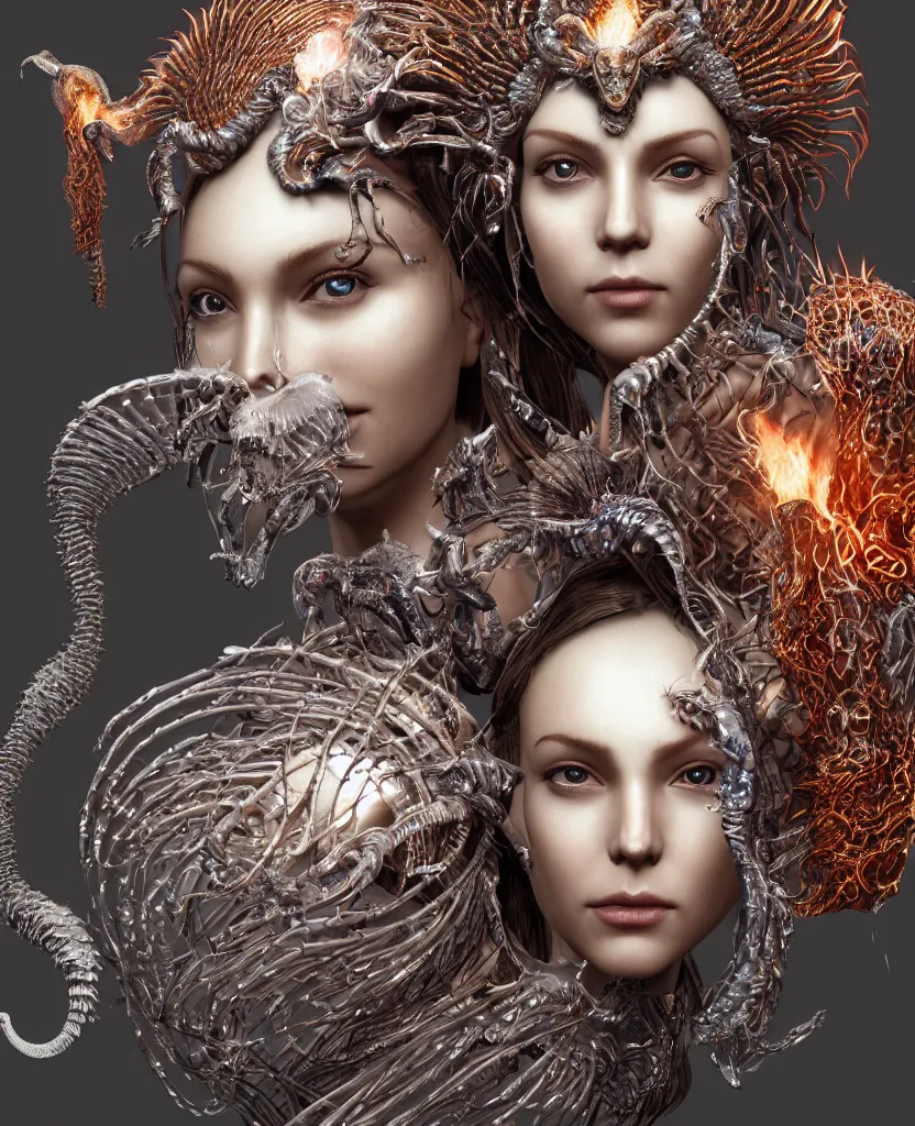 Image similar to close-up macro portrait of the face of a beautiful princess with animal skull mask, epic angle and pose, symmetrical artwork, 3d with depth of field, blurred background, cybernetic jellyfish female face skull phoenix bird, translucent, nautilus, energy flows of water and fire. a highly detailed epic cinematic concept art CG render. made in Maya, Blender and Photoshop, octane render, excellent composition, cinematic dystopian brutalist atmosphere, dynamic dramatic cinematic lighting, aesthetic, very inspirational, arthouse. y Greg Rutkowski, Ilya Kuvshinov, WLOP, Stanley Artgerm Lau, Ruan Jia and Fenghua Zhong