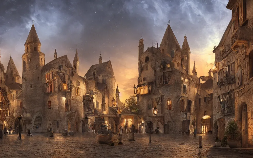 Image similar to at the square of a medieval french village, with a spaceship hovering, a well in the center, arches, orange light, highly detailed, cinematic lighting, render, fantasy