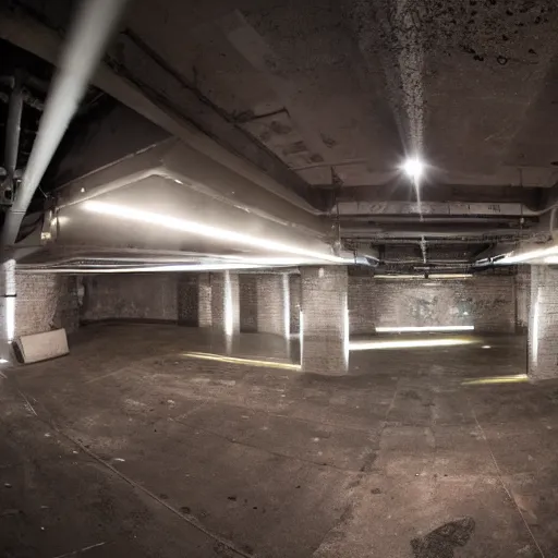 Prompt: wide angle shot of an underground club which is located two floors underground in parking a lot with minimal hip - hop lighting design which can be seen from the street