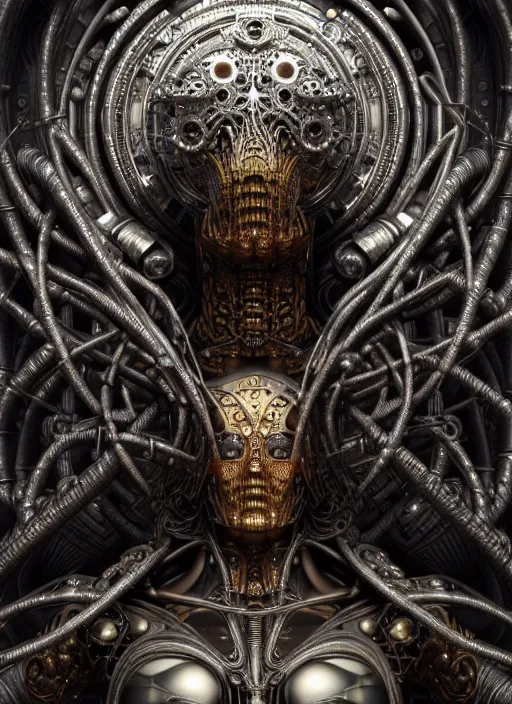 Image similar to timeless cybernetic deity, intricate detail, royo, whealan, giger, klimt, hd, octane render, unreal engine,