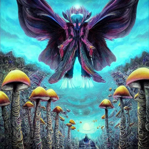 Image similar to 8K Portrait of centered chest up of a psychedelic godlike mothman with giant mandala wings smoking a hand-rolled cigarette smoking heavily , magic mushroom village in background , post-processing , award winning. superb resolution. in the art style of junji Ito and greg rutkowski . Detailed Mushroom city in background. Hyper realistic anime. Perfect art. Dalle2