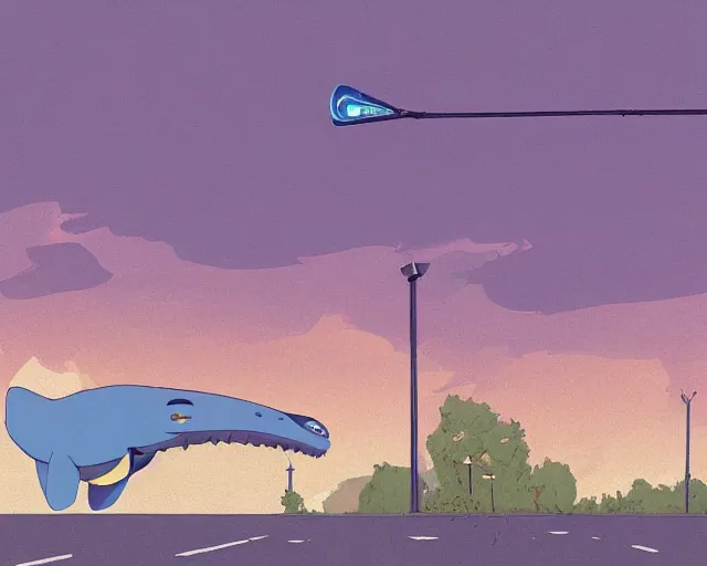 Image similar to a study of cell shaded cartoon of a flying blue whale on a country road, street lamps, road, illustration, wide shot, subtle colors, post grunge, concept art by josan gonzales and wlop, by james jean, Victo ngai, David Rubín, Mike Mignola, Laurie Greasley, highly detailed, sharp focus, alien, Trending on Artstation, HQ, deviantart, art by artgem