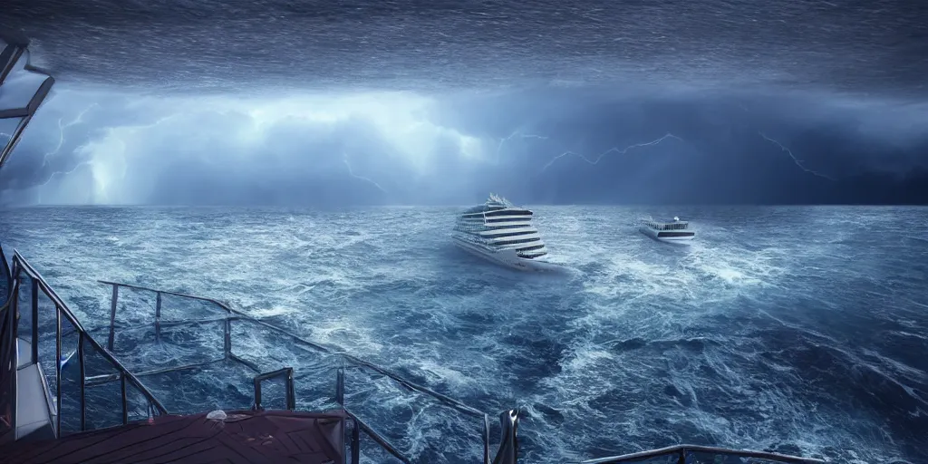 Prompt: one cruise ship sinken lying on its side in sea, dark, storm, thunderstorm unreal engine Hight detailed An epic fantastic realism dinamic lighting, Bermuda triangle