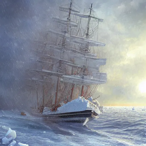 Image similar to a victorian era exploration frigate lost in the arctic in a snowstorm art by artgerm and Todd Shorr, featured on artstation