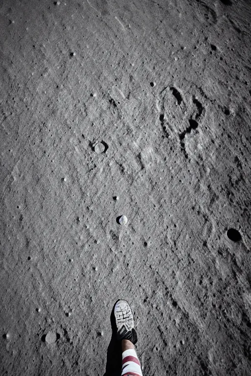 Image similar to afull body photography of an astronaut on the surface of the moon, bottom - view, focus on his foot, low angle, out - space in background, photography, photo - shot, shooting, cinematic lighting, 8 k