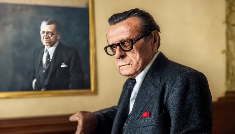 Prompt: hyper-realistic and detailed 2010s movie still portrait of Josip Broz Tito, by Paolo Sorrentino, Leica SL2 30mm, beautiful color, high quality, high textured, cinematic, wide, high angle shot