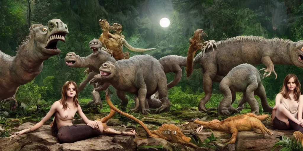 Image similar to photo, hairy fat cave people, emma!! watson!!, looking at camera, surrounded by dinosaurs!, gigantic forest trees, sitting on rocks, bright moon, birthday cake on the ground, front full body view, jelly! monster!